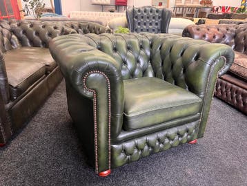Chesterfield Maarssen  Groen Leer Vintage Chesterfield Stoel, Huis en Inrichting, Fauteuils, Ophalen, Gebruikt, Leer, Chesterfield