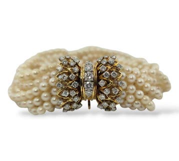 Armband - 18 karaat Antiek 18k geelgoud multistreng parel-, Sieraden, Tassen en Uiterlijk, Armbanden, Nieuw