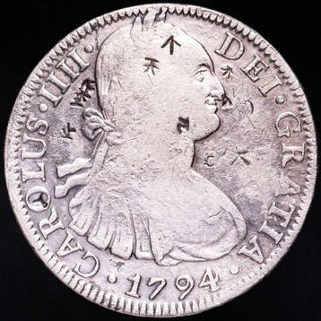 Spanje. Carlos IV. 8 Reales 1794 Mexico FM Resellos