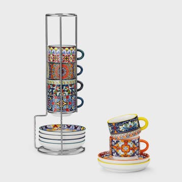 Bohemian Porseleinen Koffiekopjes met Schotels en Metalen St, Verzenden, Nieuw