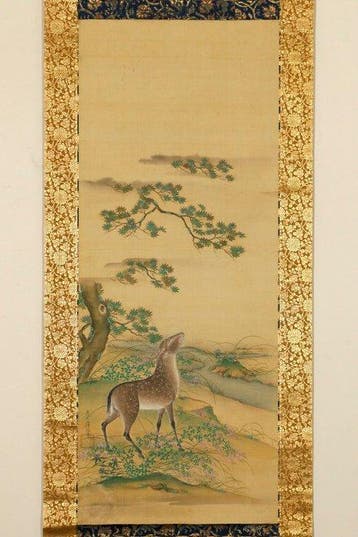 Japanse esdoorn en herten - Zijde - Tosa Mitsuoki, Antiek en Kunst