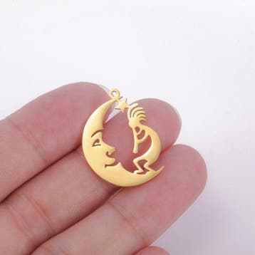 1 x RVS bedel Maan en Mannetje met fluit Laser Cut Goud k..., Ophalen of Verzenden, Nieuw, Kraal
