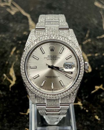 Rolex Datejust 41 - Silver- New 126300 - Iced Out - Diamonds, Staal, Polshorloge, Nieuw, Rolex