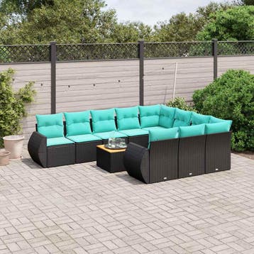 vidaXL 11-delige tuinbankset met kussens, zwart polyrotan, Verzenden, Nieuw