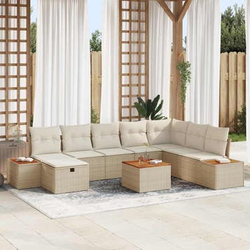 vidaXL Tuinbankenset met kussen 9 pcs Beige poly rattan, Verzenden, Nieuw, Rotan, Meer dan 8 zitplaatsen