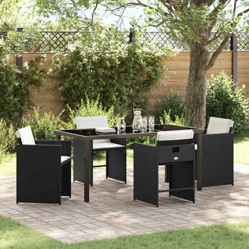 vidaXL Tuin eettafelset met kussen 5 pcs Zwart poly rattan, Verzenden, Nieuw, Rotan, 5 zitplaatsen