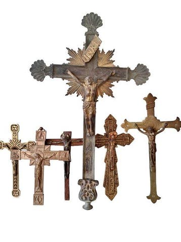 Kruis (6) - Brons, Koper, Emaille, Hout - 20th century -