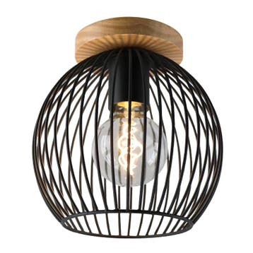Zwarte industriële plafonnière Wiro, met houten plafondkap, Ophalen of Verzenden, Nieuw, Hout