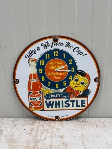 Whistle Orange Soda – Emaille Reclamebord met Klokdesign -
