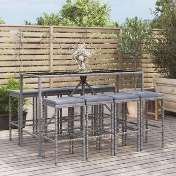 vidaXL 9-delige Tuinbarset met kussens poly rattan grijs, Verzenden, Nieuw, 8 zitplaatsen