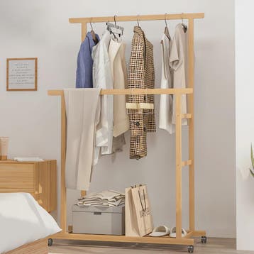 Dubbele Bamboe Kledingrek op Wielen met Opbergplanken - Stij, Verzenden, Nieuw