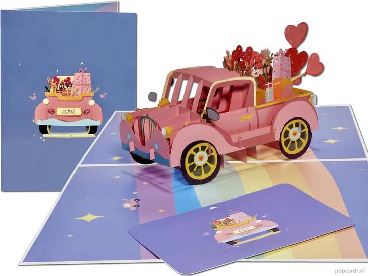 Vrolijke Roze Auto vol Hartjes, Ballonnen en Cadeaus | Lo..., Diversen, Wenskaarten, Verzenden