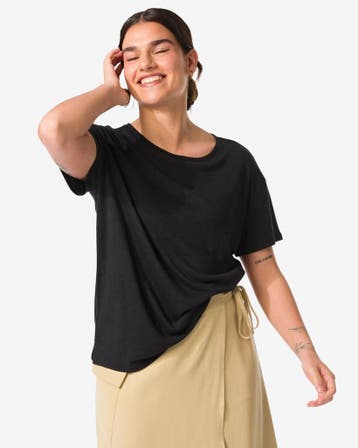 HEMA Dames t-shirt Evie met linnen zwart 3=50% / 2=30%, Verzenden, Nieuw