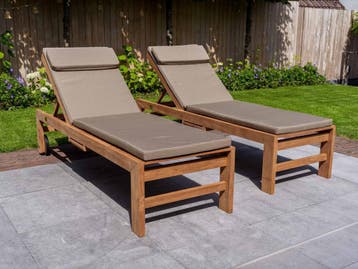 Teak ligbedden met kussens | Op voorraad | Snelle levering!, Nieuw, Teakhout, Verrijdbaar