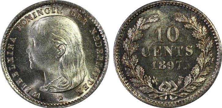 Koningin Wilhelmina 10 cent 1897 PCGS MS66 gecertificeerd, Postzegels en Munten, Munten | Nederland, Losse munt, 10 cent, Koningin Wilhelmina