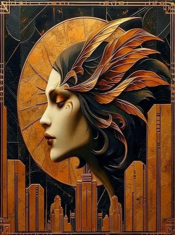 I_KONIQ - Art deco Woman on a Copper Town, Nieuw