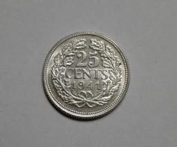 Nederlandse zilveren 25 cent Wilhelmina (diverse jaartallen), Postzegels en Munten, Verzenden, Zilver, 25 cent, Koningin Wilhelmina