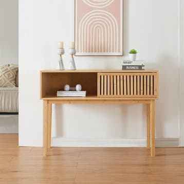 Consoletafel Ypäjä bamboe 110x39x80,5 cm naturel [en.casa], Tuin en Terras, Verzenden, Nieuw