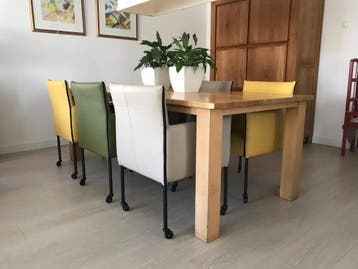 Set van 6 leren kuip keukenstoelen met wieltjes - Taupe, Ophalen of Verzenden, Nieuw, Leer