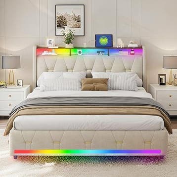 Mira LED Bedframe met Lades - 160 x 200 cm / Beige, Verzenden, Beige, 200 cm, 160 cm