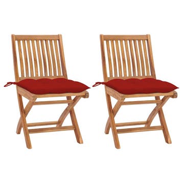 vidaXL Inklapbare stoelen 2 st met rode kussens massief, Tuin en Terras, Tuinstoelen, Verzenden, Nieuw, Teakhout