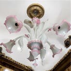 Kroonluchter - Murano-glas wit, zijdeachtig en roze, 5, Antiek en Kunst