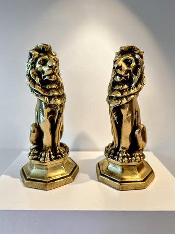 Pair of Solid Bronze Seated Lions - 1850s - sculptuur,, Antiek en Kunst