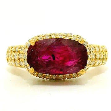 Ring - 18 karaat Geel goud - 4.76ct. tw. Robijn - Diamant -, Nieuw