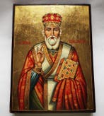Icoon - Bulgaars, handgeschilderde icoon van Sint-Nicolaas, Antiek en Kunst, Antiek | Boeken en Bijbels