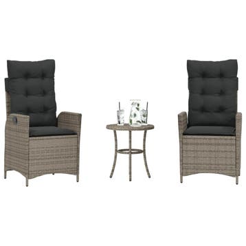 vidaXL 3-delige Bistroset met kussens poly rattan grijs, Verzenden, Nieuw