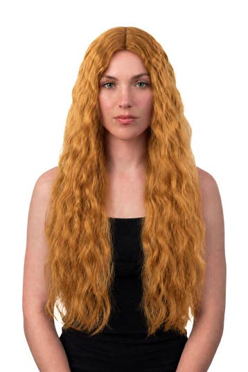 KIMU® Luxe Lange Bruine Pruik Wavy Middenscheiding Haarwerk, Ophalen of Verzenden, Nieuw, Carnaval