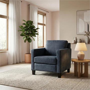 Leren fauteuil Smart - Kenia Denim (blauw) - Poten hout, Nieuw, Ophalen of Verzenden, Bohemian, Eigentijds, Modern, Retro, 50 tot 75 cm
