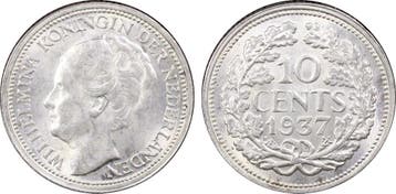 Koningin Wilhelmina 10 cent 1937 MS64 PCGS gecertificeerd, Verzenden, Zilver, 10 cent, Koningin Wilhelmina