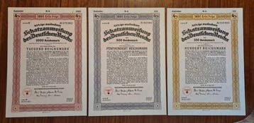 Duitsland. 100 + 500 + 1000 Reichsmark 1937 Schatzanweisung