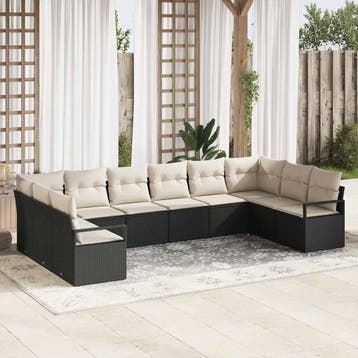 vidaXL Bankstel met kussen 10 pcs Zwart poly rattan, Verzenden, Nieuw, Rotan, Meer dan 8 zitplaatsen