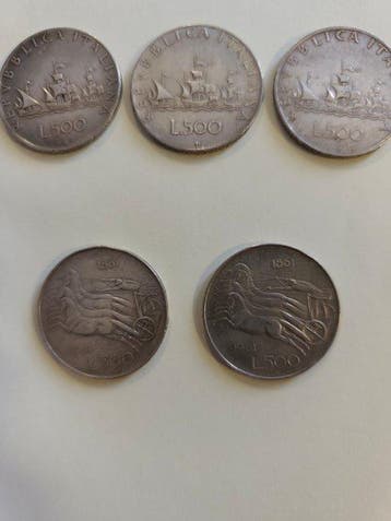 Italië. 500 Lire 1958/1966 (5 monete in argento) (Zonder, Postzegels en Munten, Munten | Europa | Niet-Euromunten