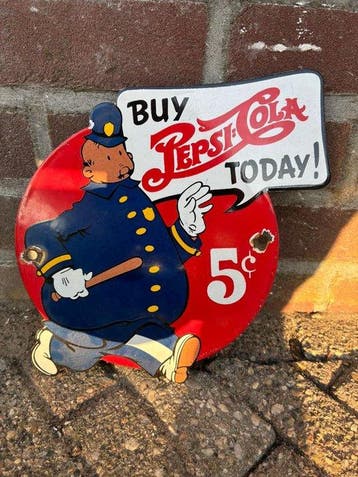 Vintage Pepsi-Cola reclamebord met politieagent – 5 cent –