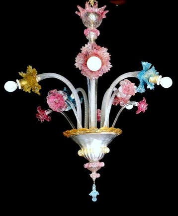 Kroonluchter - Murano-glas met gekleurde bloemen.