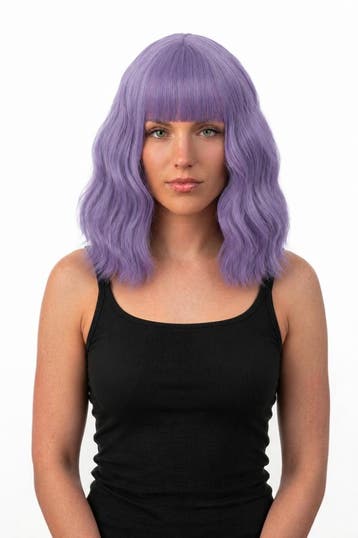 KIMU® Luxe Lila Pruik Schouderlengte Rechte Pony Krullen Lic, Ophalen of Verzenden, Nieuw, Carnaval
