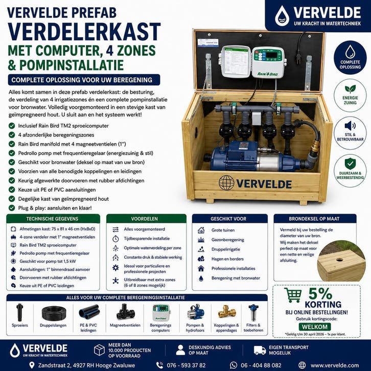 Prefab verdelerkast met computer, 4 zones - met pomp, Tuin en Terras, Bewateringscomputers, Nieuw, Bestuurbaar via app, Ophalen of Verzenden