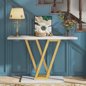 Industriële Console Tafel 110cm - Marmerlook & Goudkleurig M, Verzenden, Nieuw