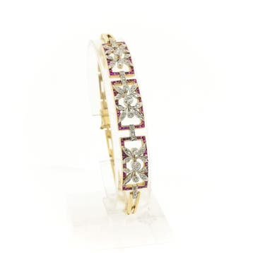 Gouden schakelarmband met robijn en diamanten; 0,89 ct., Gebruikt, Ophalen of Verzenden, Met edelsteen, Goud