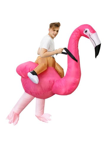KIMU® Opblaas Kostuum Rijdend op Flamingo Opblaasbaar Pak Fl, Ophalen of Verzenden, Nieuw, Carnaval, Kleding