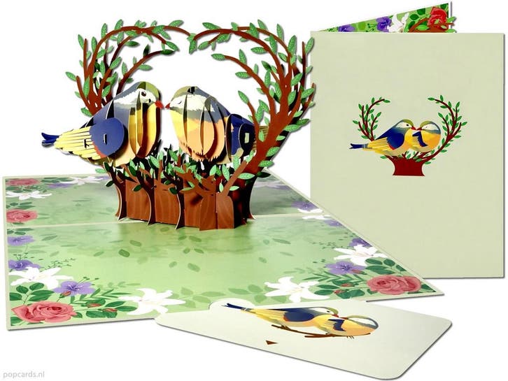 2 verliefde Bluebird Vogels in vogelnest pop-up kaart, Diversen, Wenskaarten, Verzenden