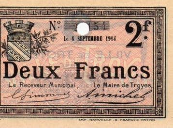 France Komitat 10 Troyes 2 Francs 08/09/1914, Verzenden