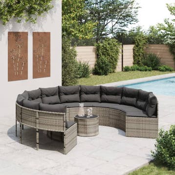 vidaXL Tuinbank met tafel en kussens rond poly rattan grijs, Tuin en Terras, Verzenden, Nieuw