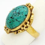 Ring - 18 karaat Geel goud - 6.50ct. tw. Turquoise, Sieraden, Tassen en Uiterlijk, Ringen, Nieuw