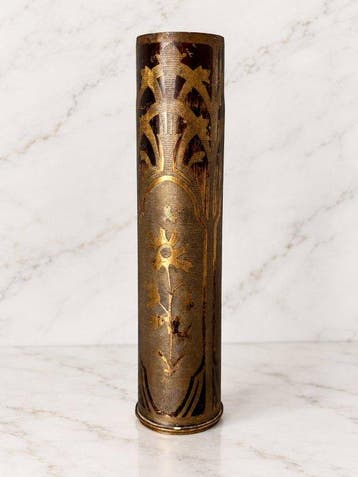 Vase – Hand-Worked Brass – Floral & Dragonfly Decoration –