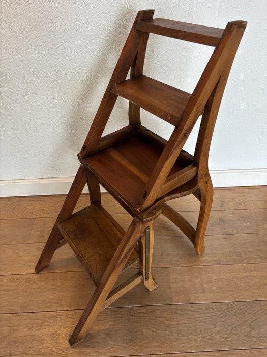 Stoel - Hout, Messing - Bibliotheek Stoel / Trap, Antiek en Kunst, Curiosa en Brocante