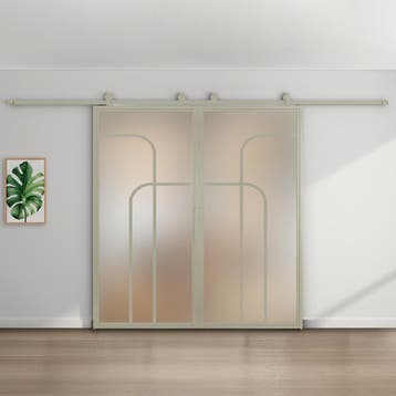Dubbele stalen schuifdeur Kiezelgrijs4 Vlaks rond Matglas, 75 tot 150 cm, Nieuw, 150 tot 225 cm, Metaal